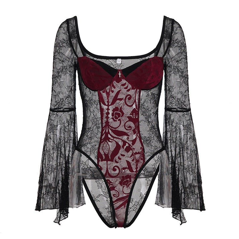 Damen Spitzen-Bodysuit mit voluminösen Ärmeln und eleganten Verzierungen R&B