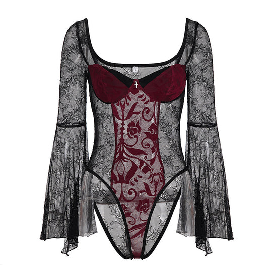 Damen Spitzen-Bodysuit mit voluminösen Ärmeln und eleganten Verzierungen R&B