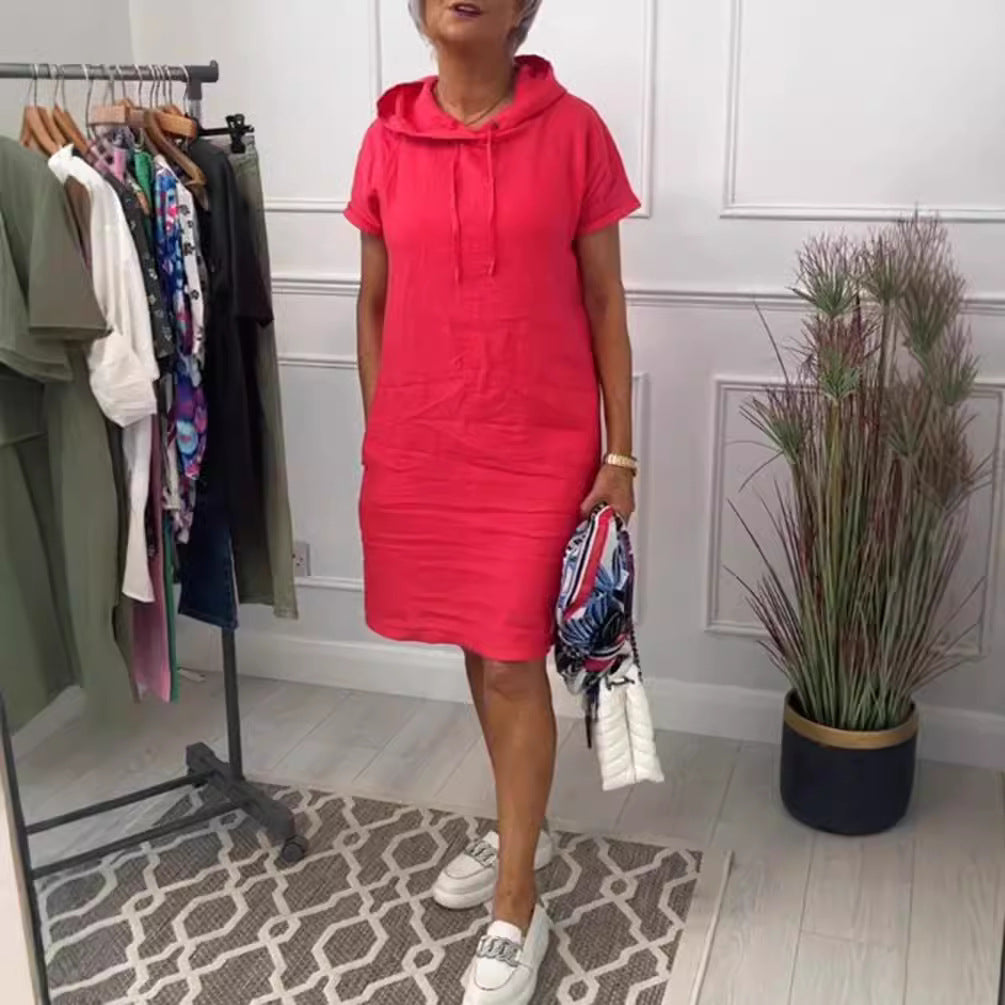 Damen nan legeres Kapuzenkleid mit kurzem Ärmel, geradem Schnitt und Kordelzug R&B