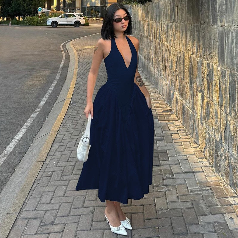 Damen Elegantes Maxikleid mit tiefem V-Ausschnitt und fließendem Rock R&B