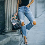 Damen High-Waist Mom-Jeans mit modischen Rissen und fransigem Saum R&B