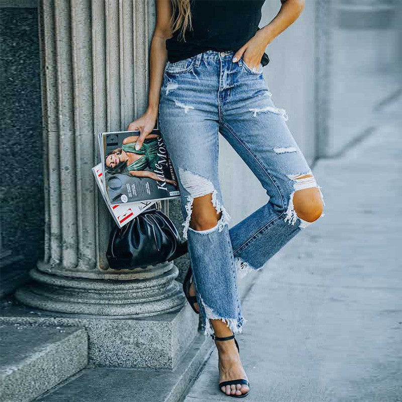 Damen High-Waist Mom-Jeans mit modischen Rissen und fransigem Saum R&B