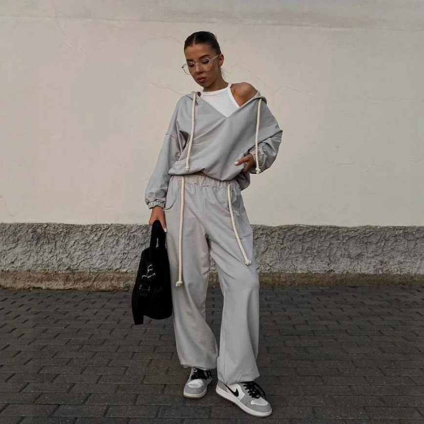 Damen lässiges Sport-Set mit Kapuze und praktischen Taschen R&B