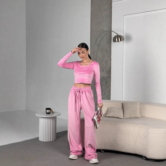 Damen modisches Crop-Top und bequeme Freizeithose Set R&B