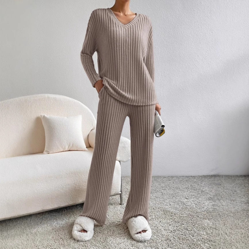 Damen lässiger Strickanzug mit V-Ausschnitt und praktischen Taschen R&B