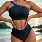 Damen Sport-Bikini mit asymmetrischem Oberteil und hohem Bund R&B