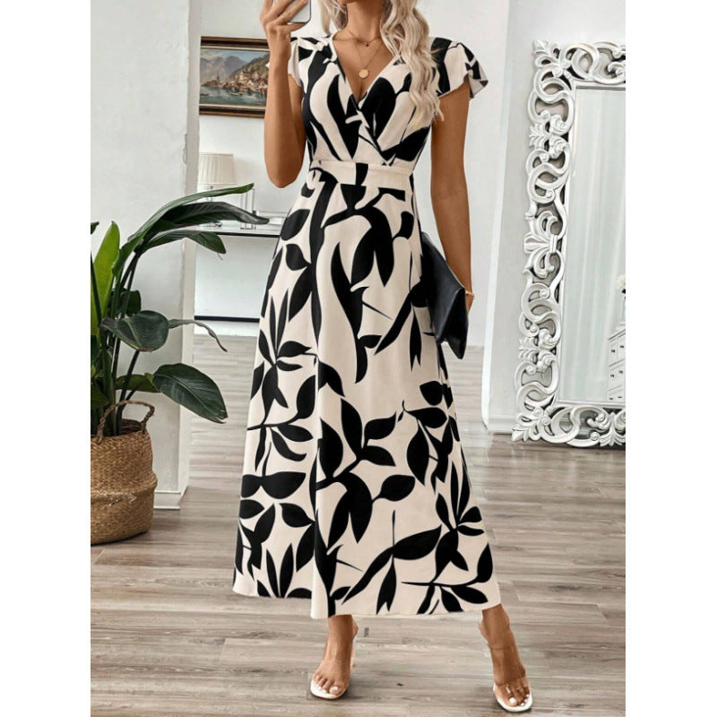 Damen Langarm-Maxikleid mit floralem Design und elegantem V-Ausschnitt R&B