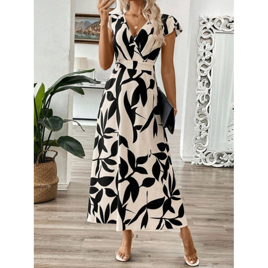 Damen Langarm-Maxikleid mit floralem Design und elegantem V-Ausschnitt R&B