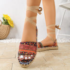 Damen Espadrilles mit buntem Gewemuster und eleganten Schnürbändern
