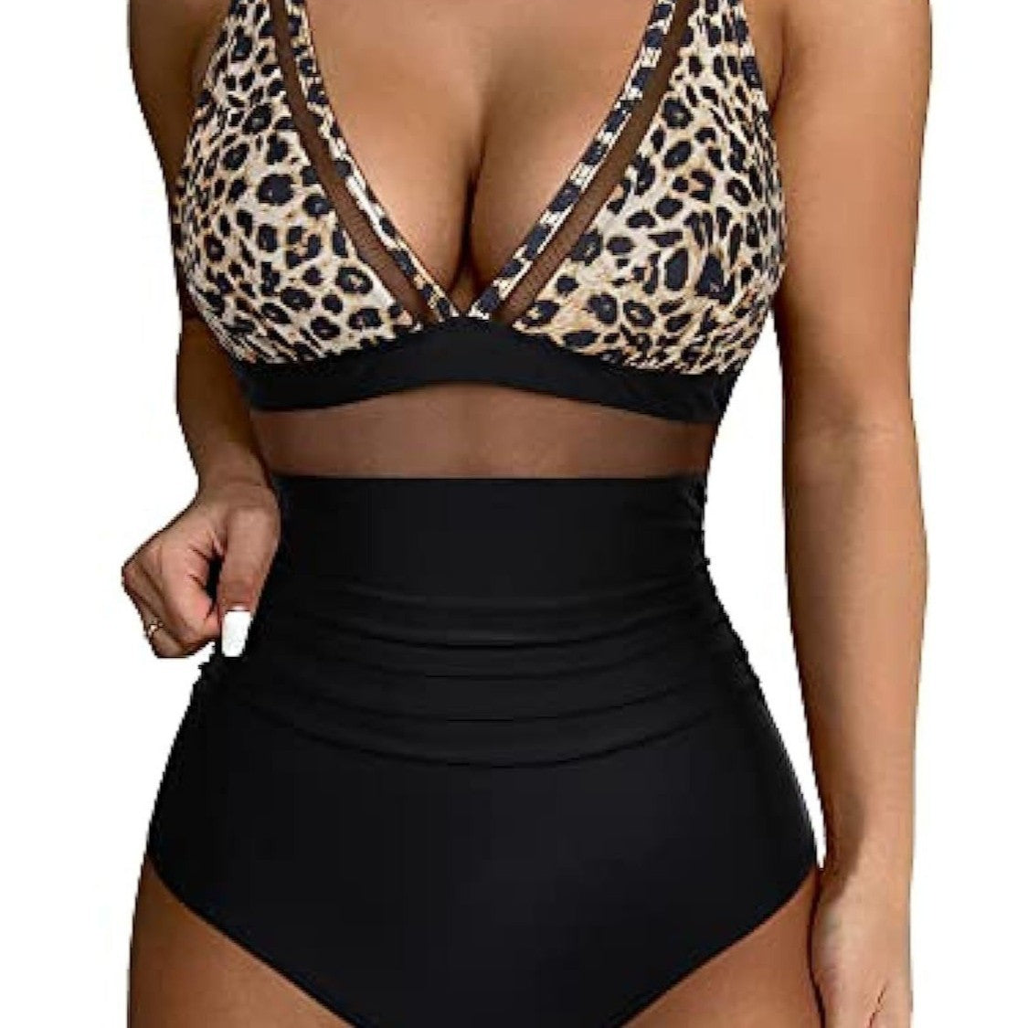Damen Hochtaillierter Badeanzug mit transparenten Einsätzen R&B