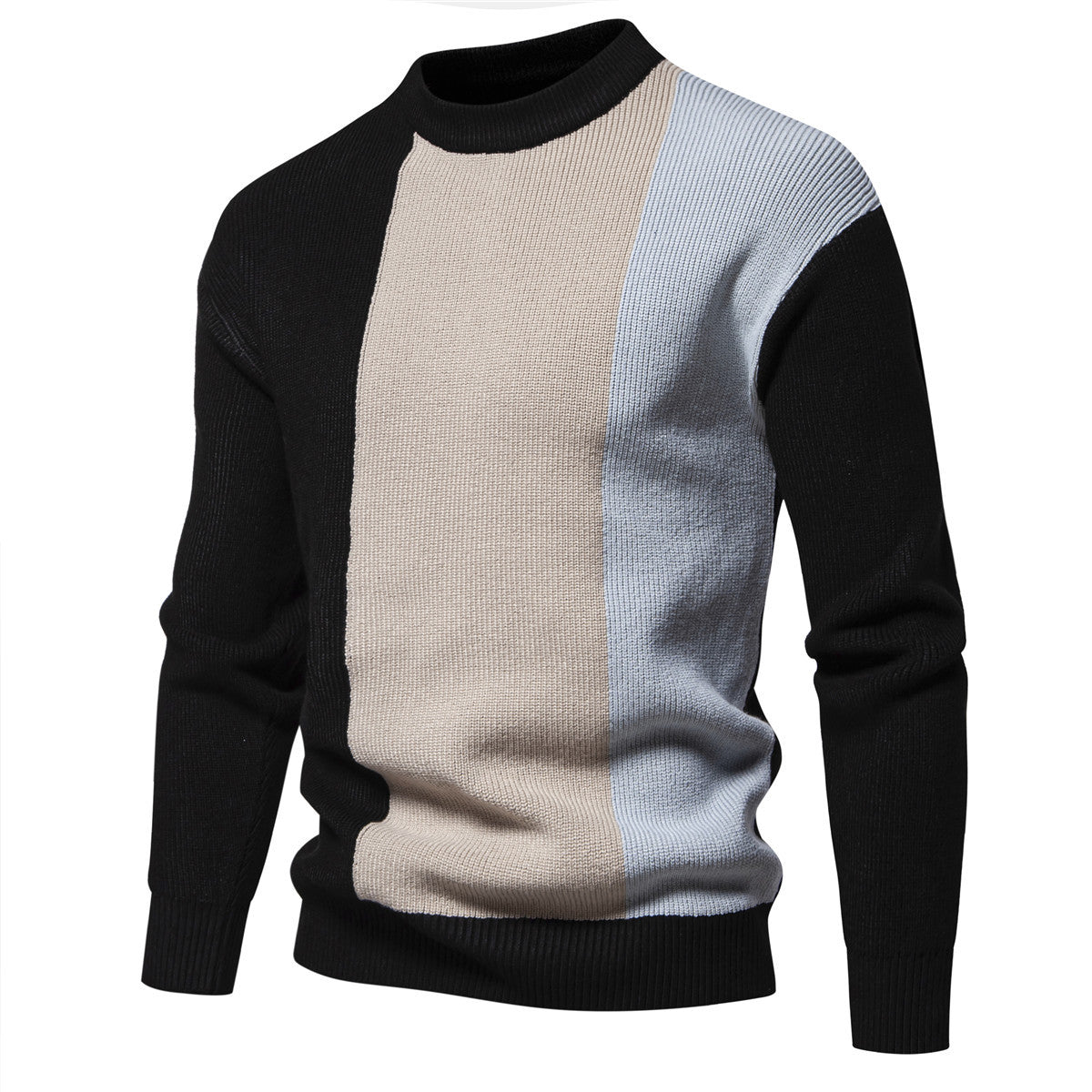 Herren Strickpullover mit modernem Farbblockdesign und hohem Kragen