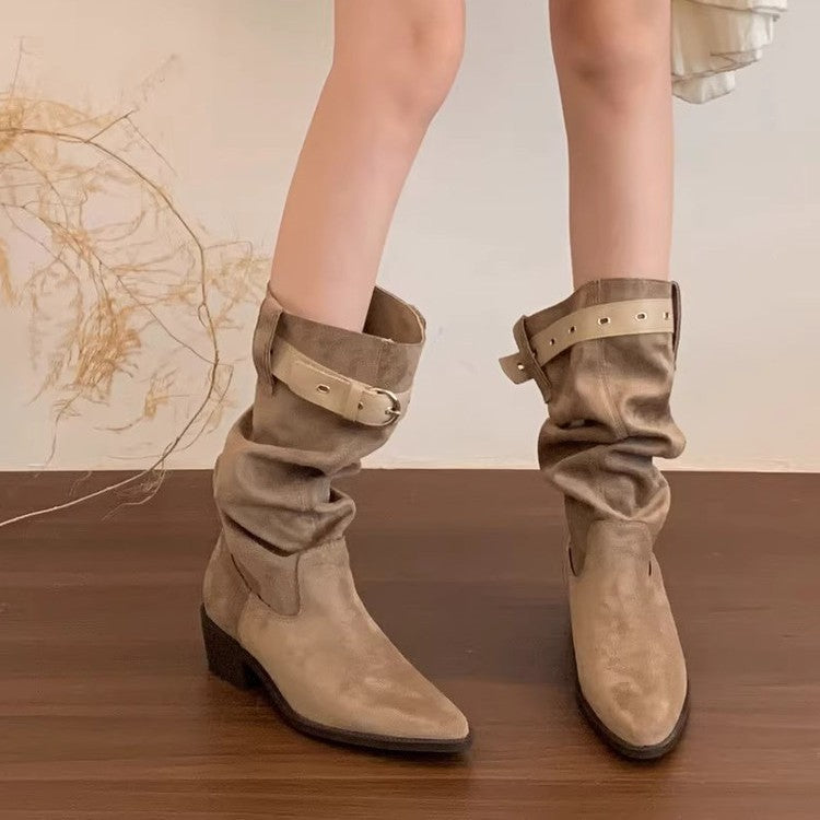 Damen Rustikale Wildleder-Stiefel mit modischem Falten-Design und verstellbarem Riemen R&B