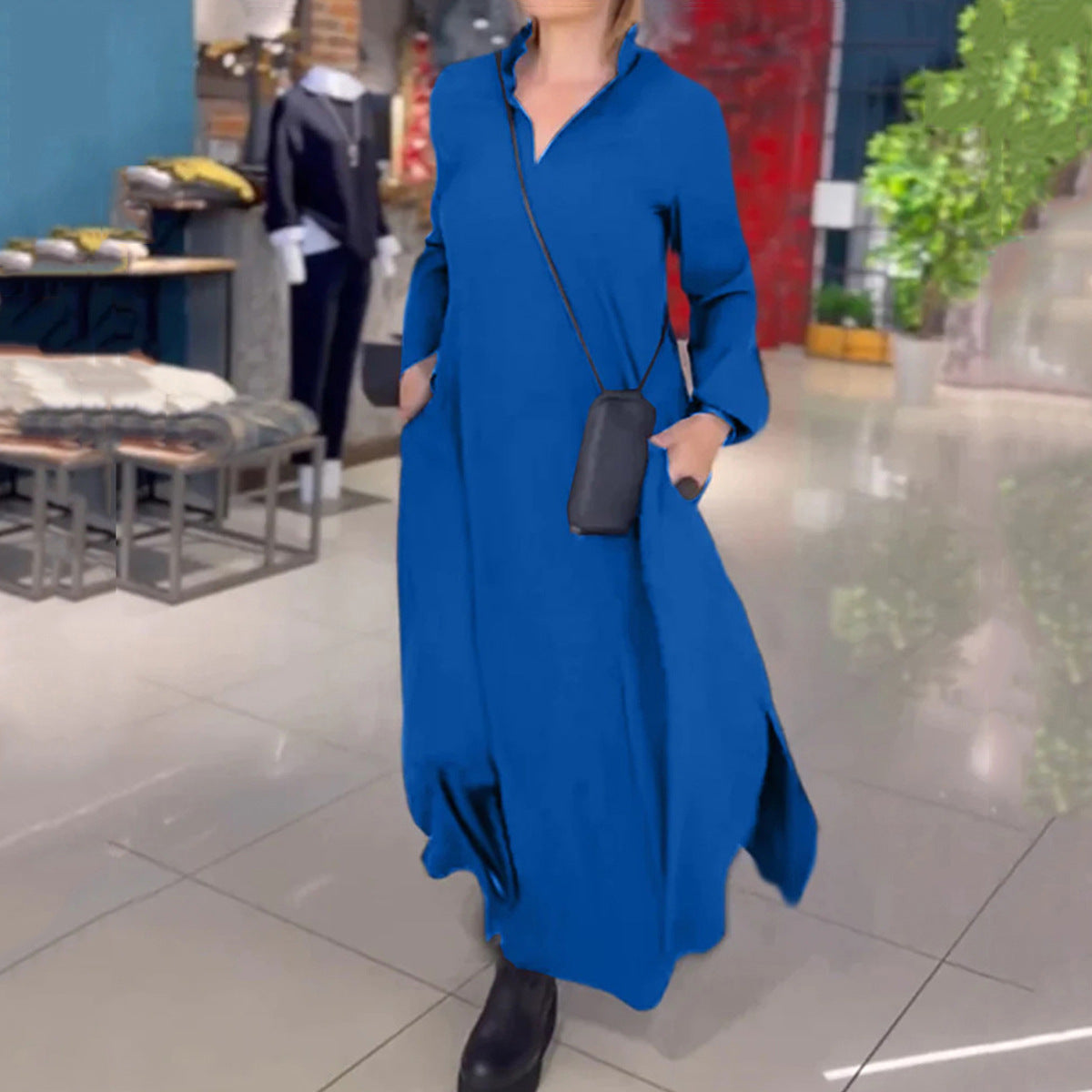 Damen Langarm-Kleid mit praktischen Einschubtaschen und elegantem Stehkragen R&B