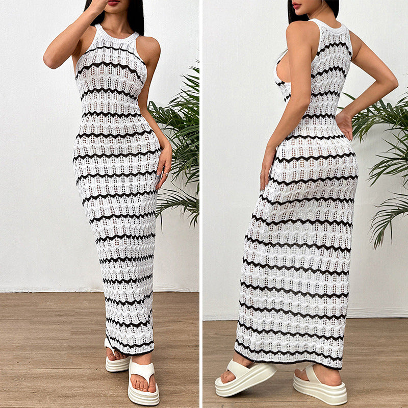 Damen Häkel-Maxikleid mit geometrischem Muster und enganliegendem Schnitt EB