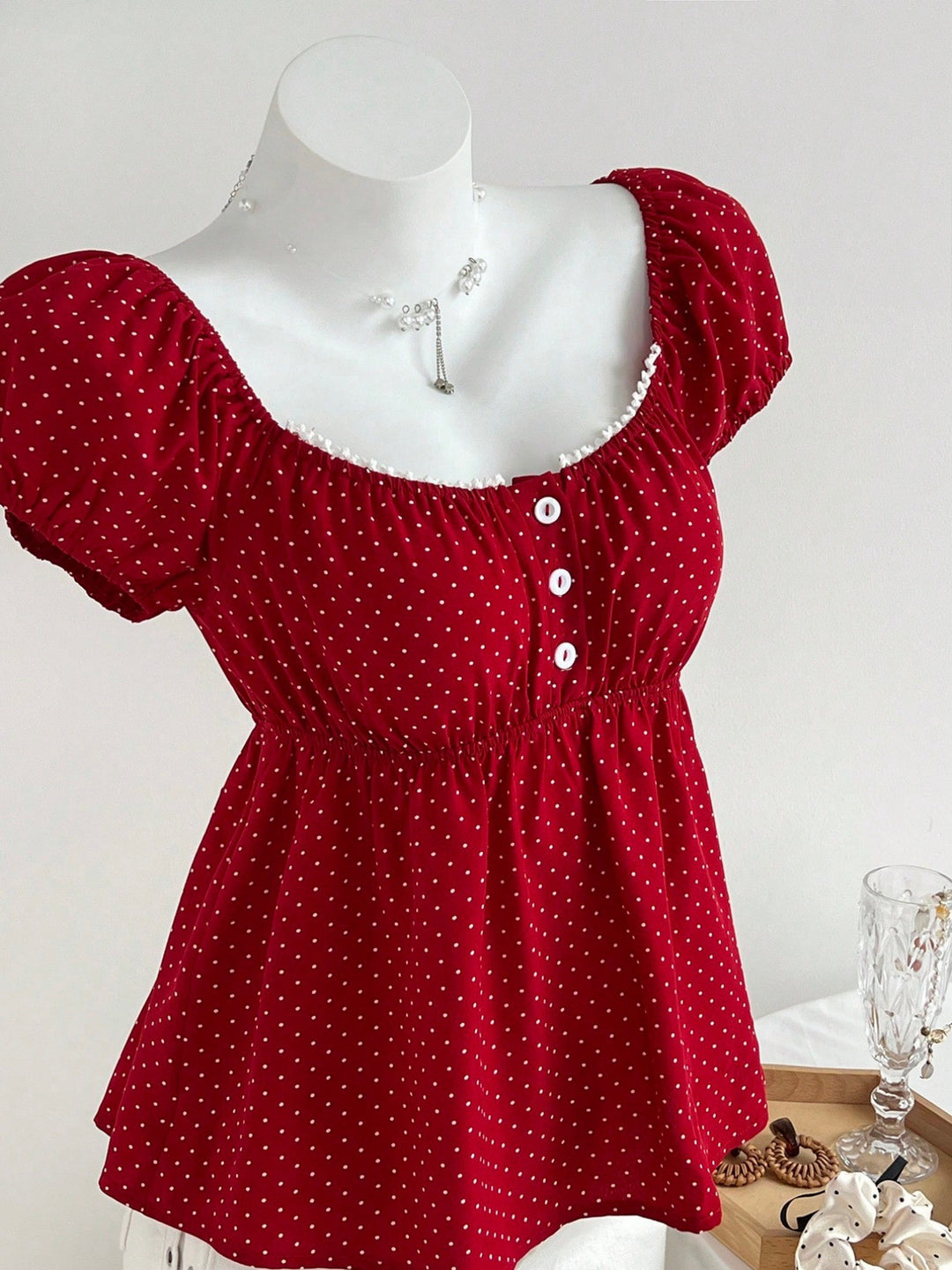 Damen Sommerkleid mit Puffärmeln und süßem Punkten R&B