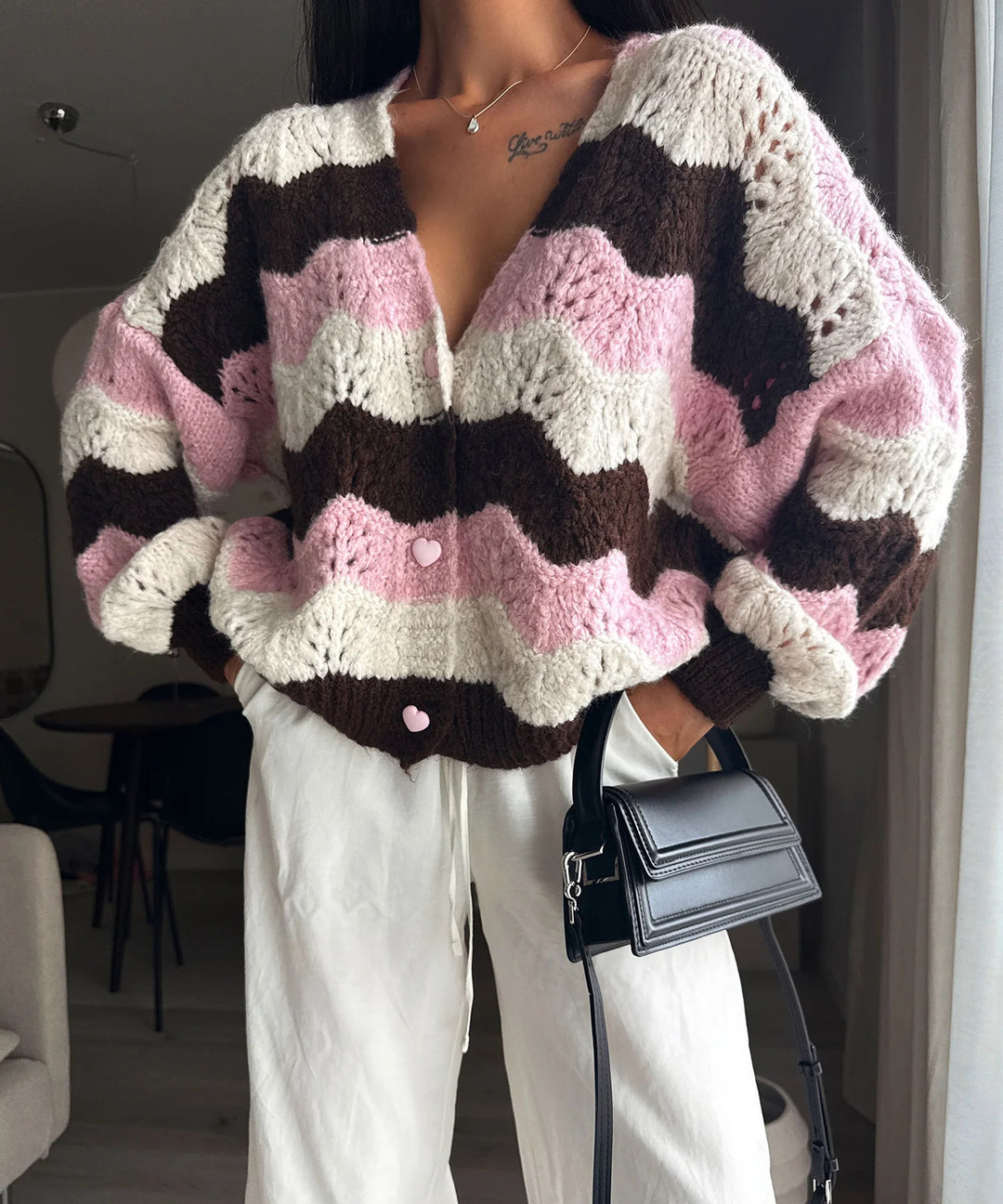Damen gemütlicher Strickcardigan mit Wellenmuster R&B