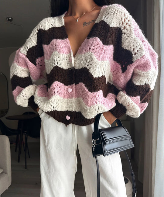 Damen gemütlicher Strickcardigan mit Wellenmuster R&B