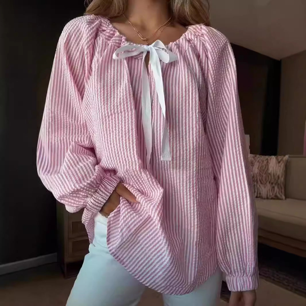 Damen Bluse mit elastischem Ausschnitt und Schleifenbindung R&B