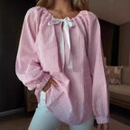 Damen Bluse mit elastischem Ausschnitt und Schleifenbindung R&B