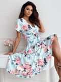 Damen Wickelkleid mit eleganter Blumenmusterung und Taillengürtel R&B