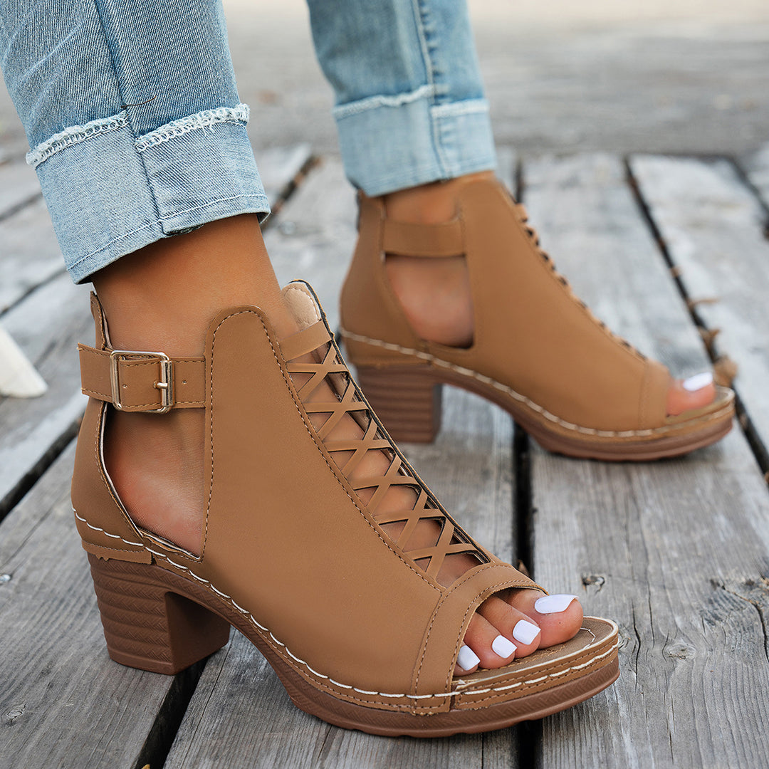 Damen Elegante und modische Schnürsandalen mit Blockabsatz R&B