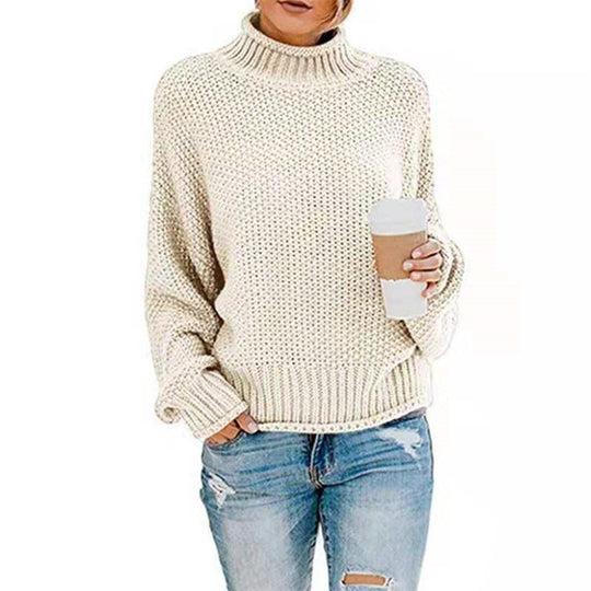 Damen lässiger Strickpullover mit hohem Kragen und strukturierter Oberfläche R&B