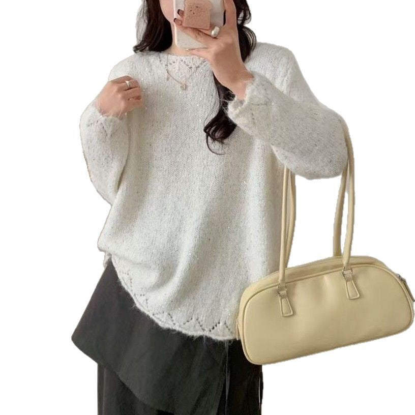 Damen Flauschiger Strickpullover mit glänzenden Akzenten und lockerem Schnitt R&B