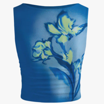 Damen ärmelloses Crop-Top mit floralem Motiv und figurbetontem Schnitt EB