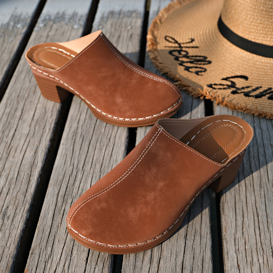 Damen bequeme Clogs aus hochwertigem Wildleder mit elegantem Blockabsatz R&B