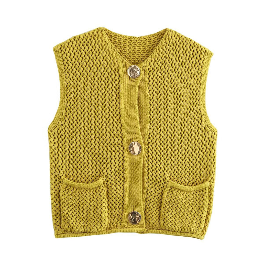 Damen gestrickte Weste mit feinem Lochmuster und praktischen Taschen R&B
