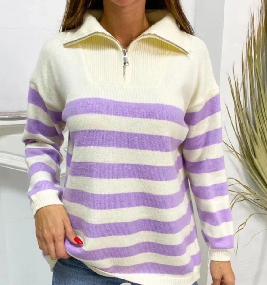 Damen gemusterter Pullover mit Stehkragen und Reißverschluss R&B