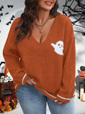 Damen Strickpullover mit Ghost-Motiv und V-Ausschnitt R&B