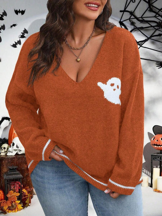 Damen Strickpullover mit Ghost-Motiv und V-Ausschnitt R&B