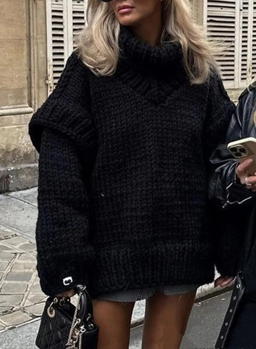 Damen Lockerer Strickpullover mit voluminösen Ärmeln und hohem Kragen R&B