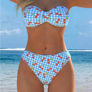Damen Bandeau-Bikini mit verspieltem Karomuster und fruchtigem Print R&B