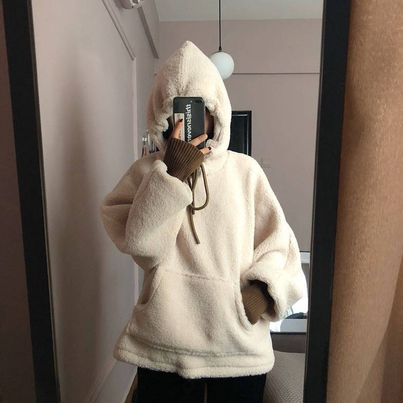 Damen kuscheliger Kapuzenpullover im Oversized-Stil mit vorderer Kängurutasche und elastischen Bündchen