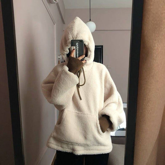 Damen kuscheliger Kapuzenpullover im Oversized-Stil mit vorderer Kängurutasche und elastischen Bündchen R&B