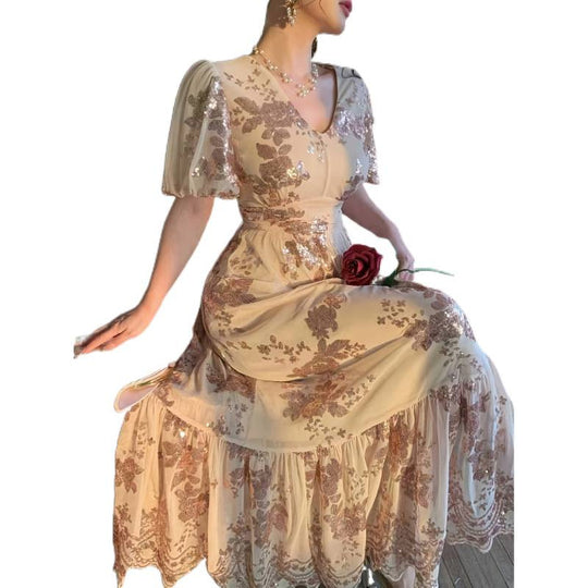 Damen Festliches Maxikleid mit funkelnden Pailletten und exquisiten Blumendetails R&B