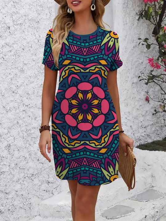 Damen lässiges Blümchenkleid mit Rundhalsausschnitt und lockerer Passform R&B