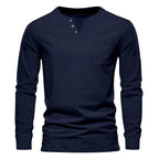 Herren Langarm-Henley-Shirt mit praktischer Brusttasche und modischem Knopfdesign R&B