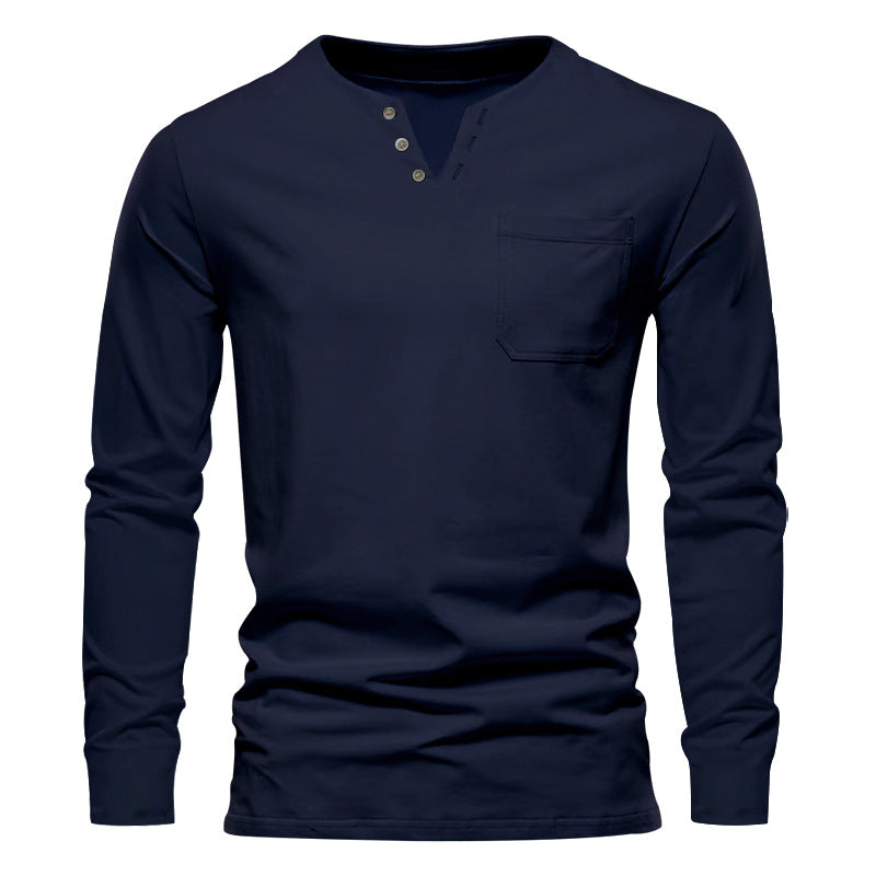 Herren Langarm-Henley-Shirt mit praktischer Brusttasche und modischem Knopfdesign R&B