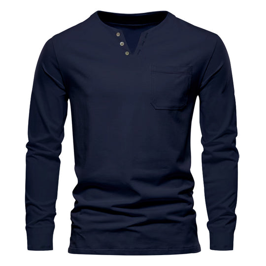Herren Langarm-Henley-Shirt mit praktischer Brusttasche und modischem Knopfdesign R&B