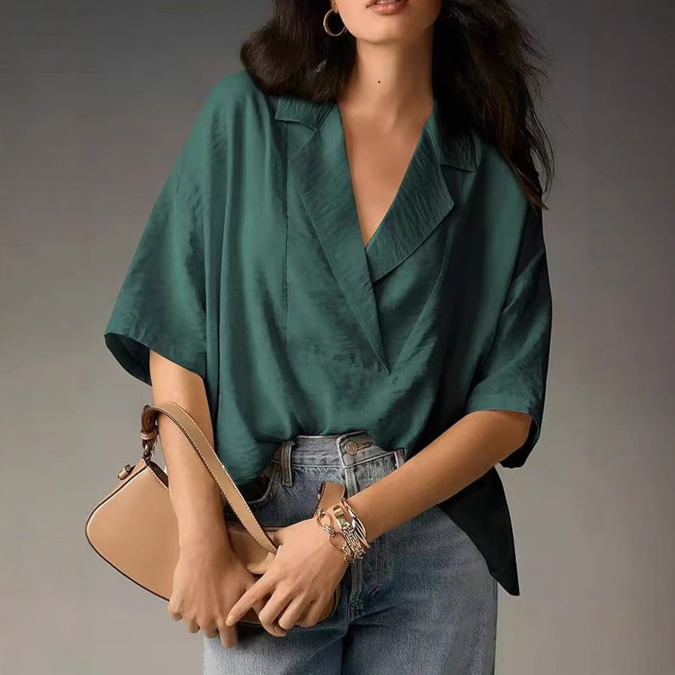 Damen lässige Oversize-Bluse mit modernem Schnitt und V-Ausschnitt R&B