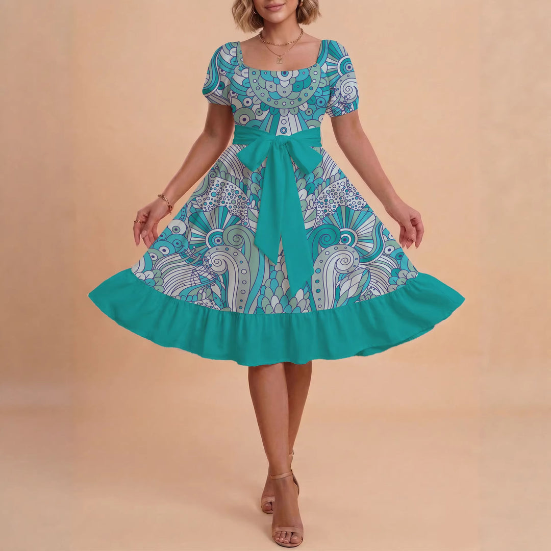 Damen modernes Blumenkleid mit elegantem Taillengürtel und asymmetrischem Saum R&B