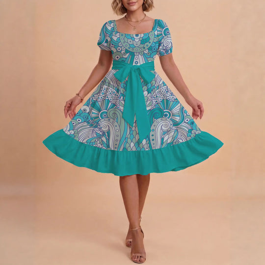 Damen modernes Blumenkleid mit elegantem Taillengürtel und asymmetrischem Saum R&B