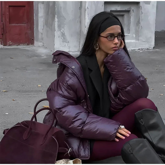 Damen modische oversized Daunenjacke mit Taillengürtel und seitlichen Taschen R&B