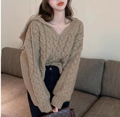 Damen Zopfmuster Pullover mit Kapuze und V-Ausschnitt R&B