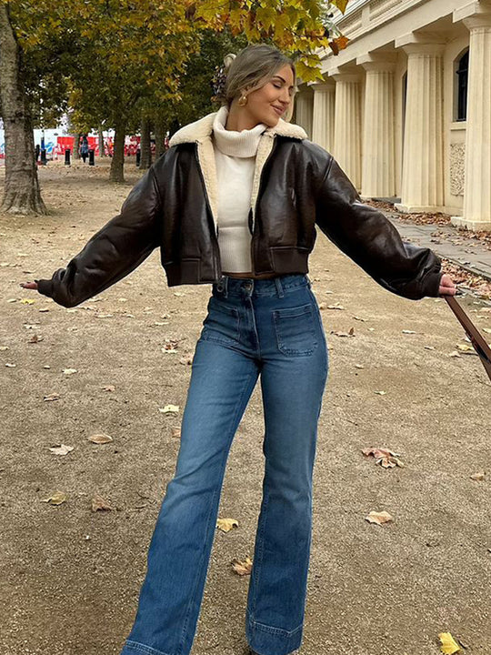 Damen cropped Kunstlederjacke mit Innenfutter aus Plüsch R&B