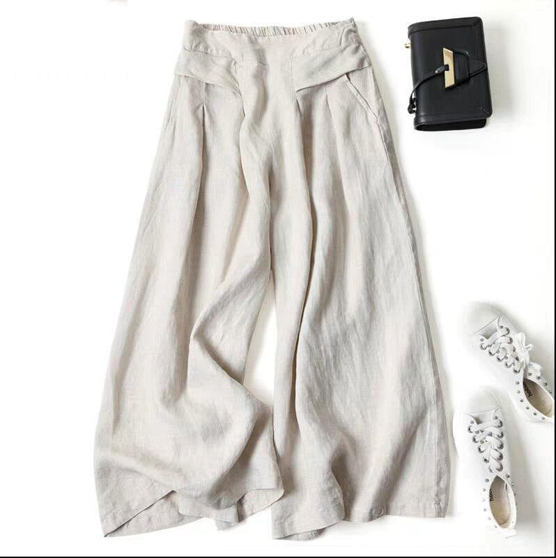 Damen Weit geschnittene Leinenhose mit hohem Bund und eleganten Falten R&B