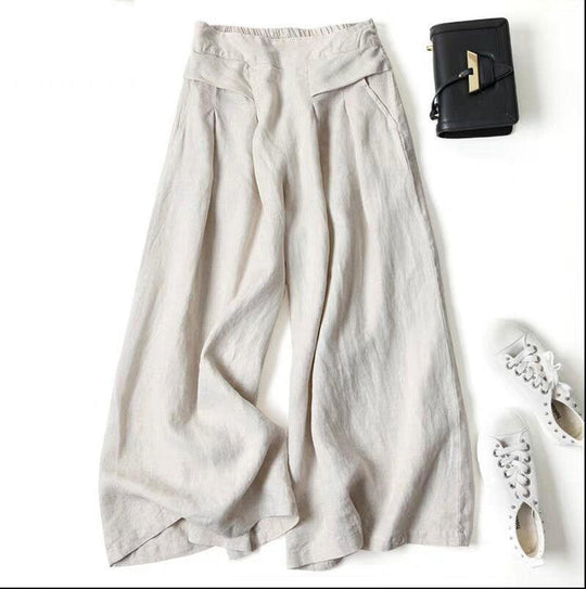 Damen Weit geschnittene Leinenhose mit hohem Bund und eleganten Falten R&B